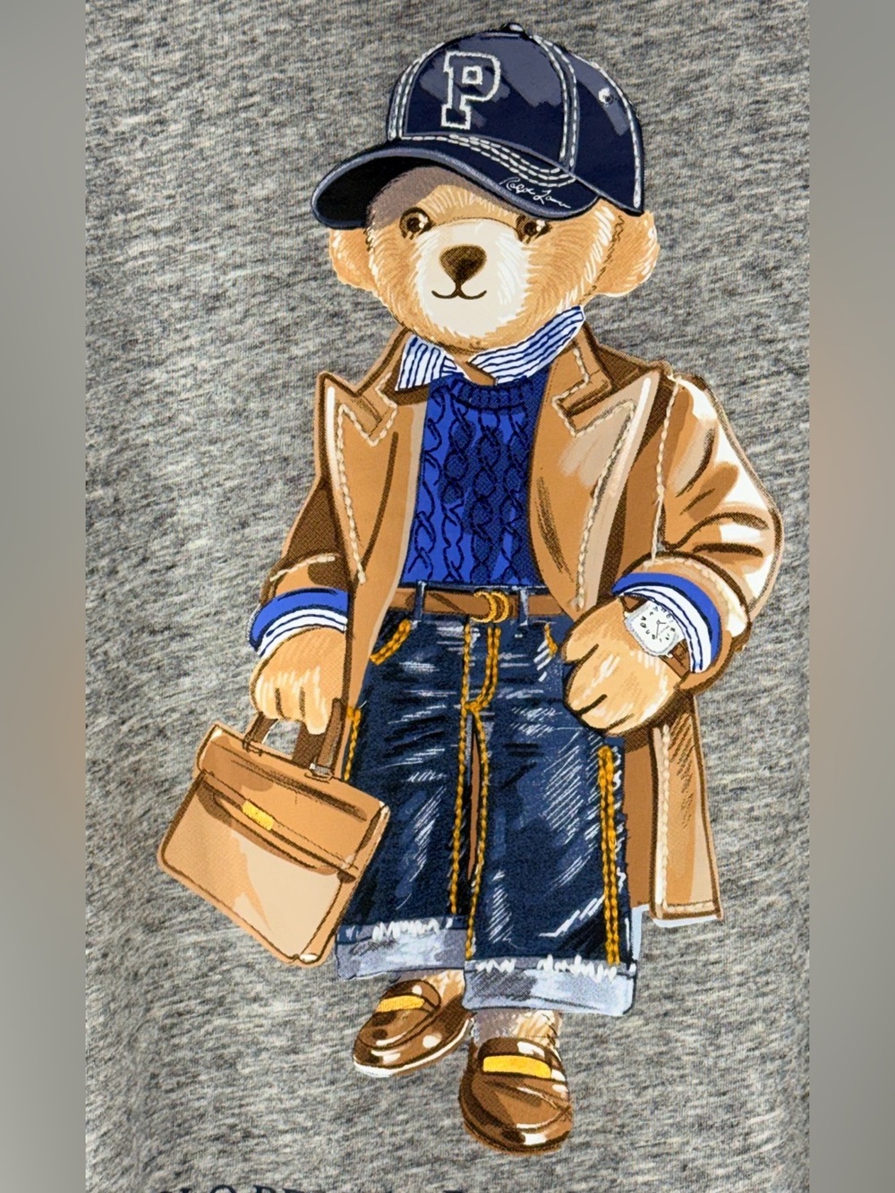 Polo by Ralph Lauren Gray Tee with Bear Graphic in Blue & Tan